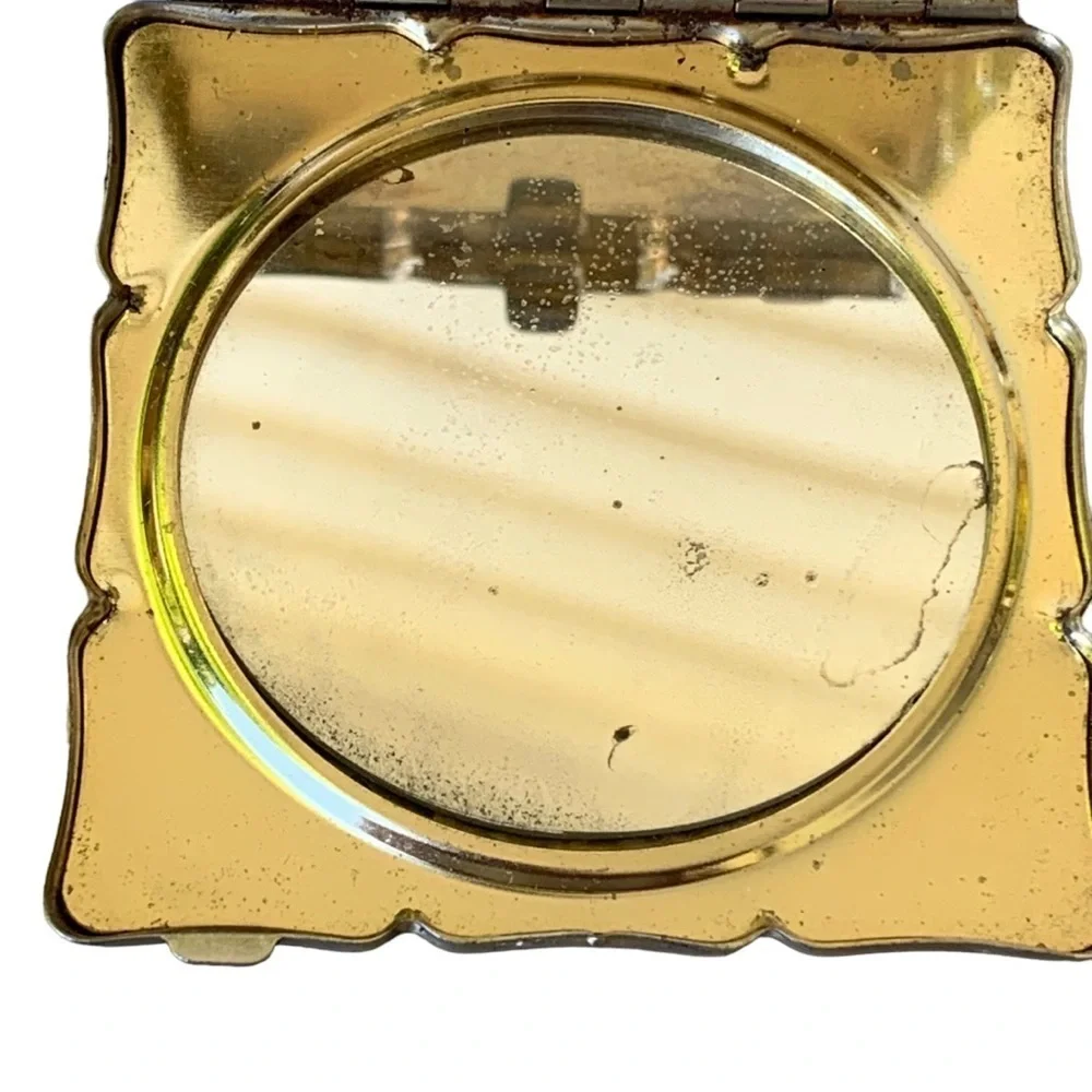Vintage Floral Compact Mirror Made in Japan Flowers Gold Tone Enamel Square